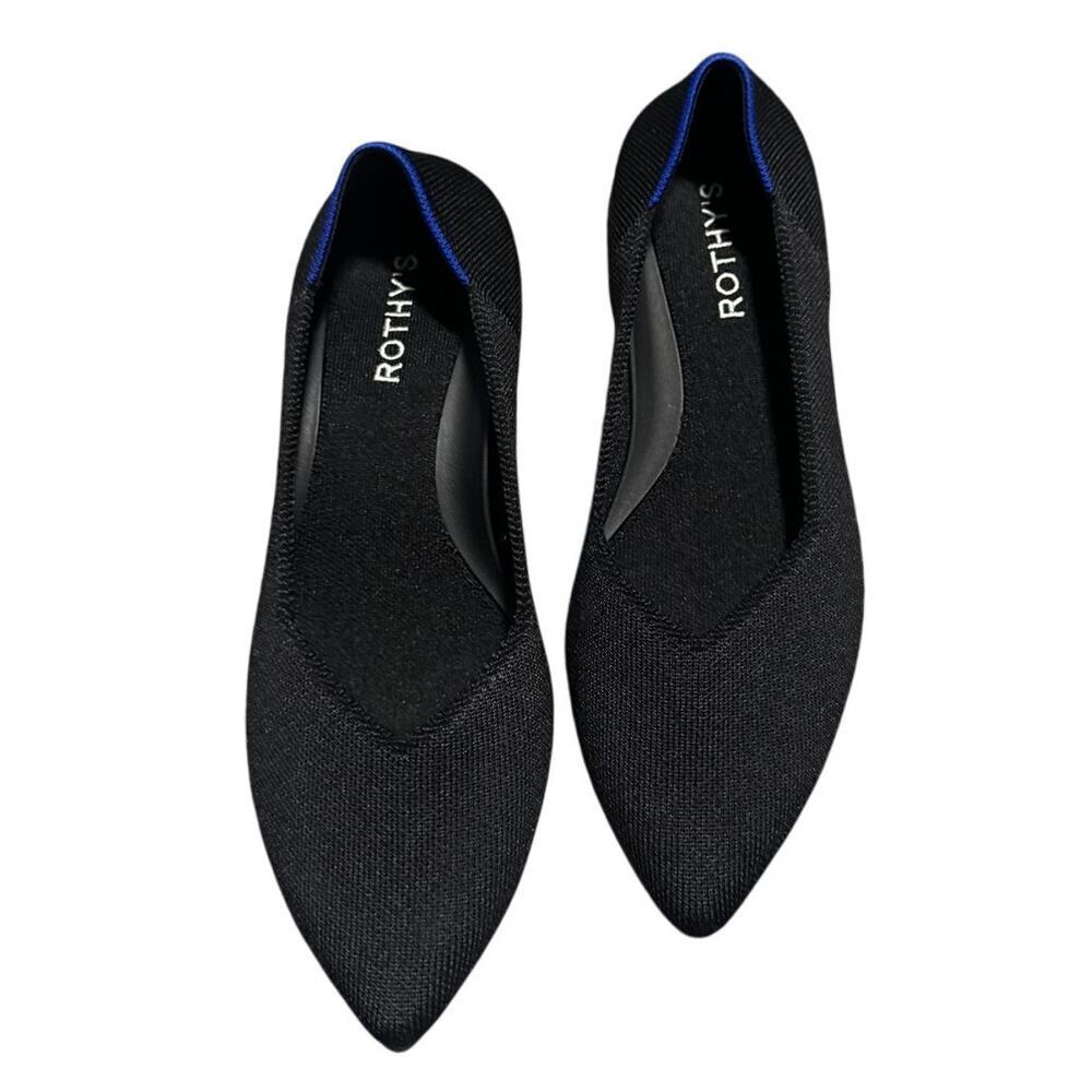 Rothy's Black Pointed Knit Flats with Blue Piping